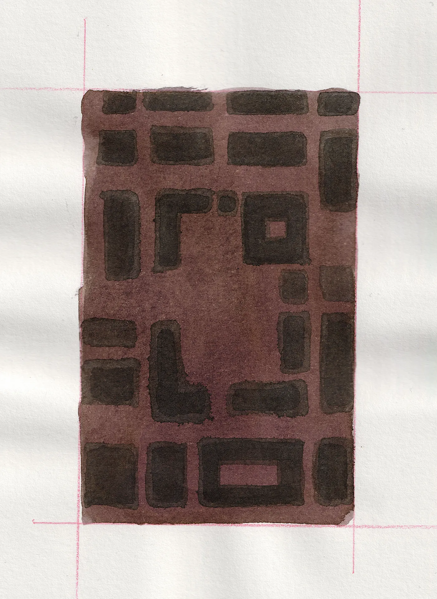 A small painting. Ink on paper. The surface is decorated with rectilinear forms that may or may not be buildings seen in plan view from above. They are clustered in a way the negative space groups them into something like city blocks