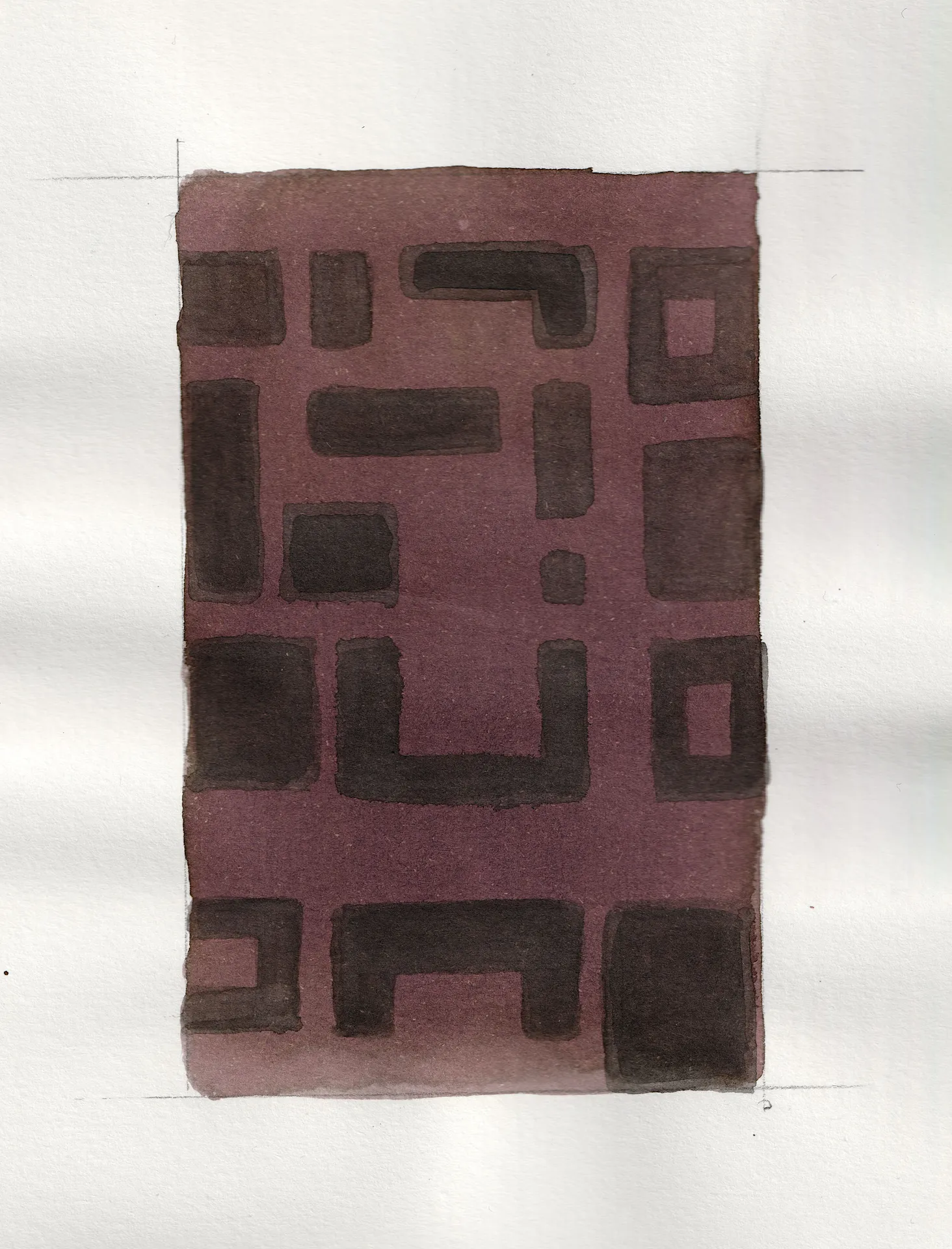 A small painting. Ink on paper. The surface is decorated with rectilinear forms that may or may not be buildings seen in plan view from above. They are clustered in a way the negative space groups them into something like city blocks