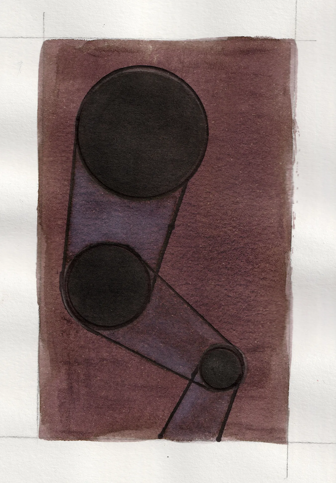 A small painting. Ink on paper. On a background of medium-dark tobacco brown, three circles are arranged somewhat in a triangle. They are each differently sized, and filled with solid, dark gray ink. Lines connect them at the edges, giving the composition the vibe of a mechanical leg, the largest circle being the hip, the medium the knee, the smallest the ankle. The space between the lines is also in light gray ink, which when overlaid on the brown looks silver.