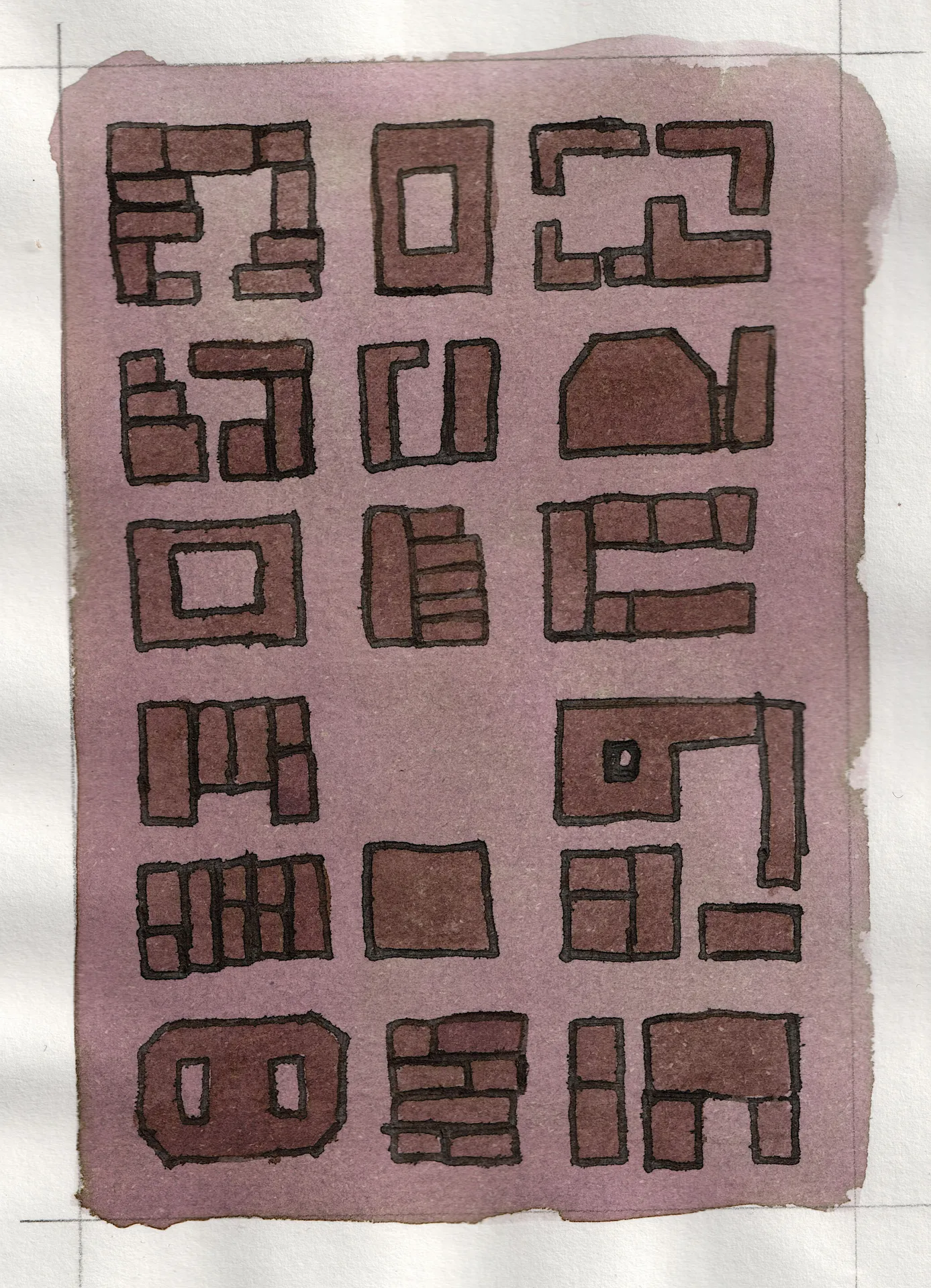 A small painting. Ink on paper. The surface is decorated with rectilinear forms that may or may not be buildings seen in plan view from above. They are clustered in a way the negative space groups them into something like city blocks