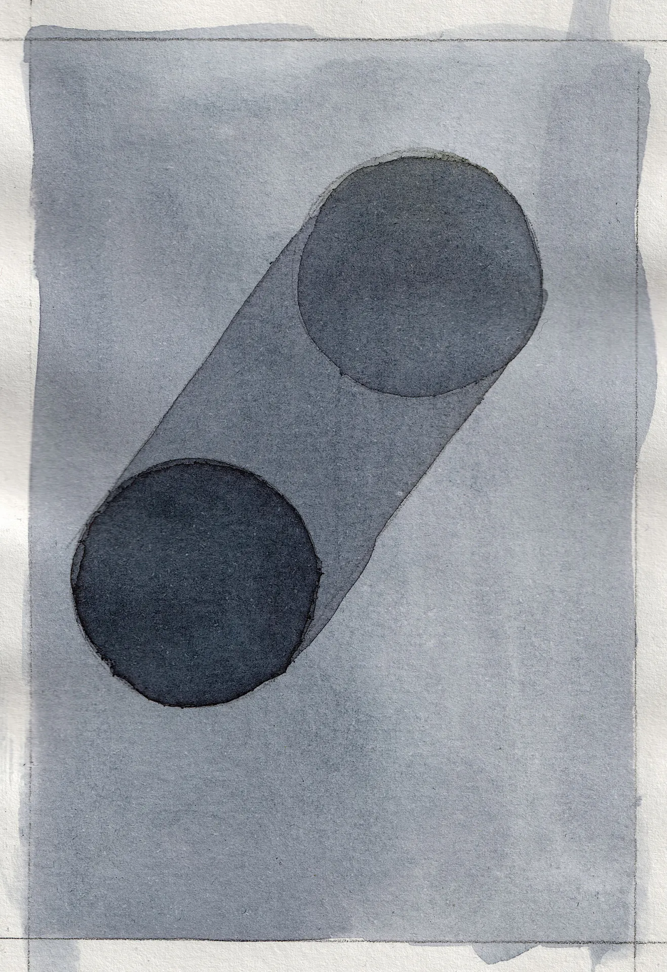 A small painting. Ink on paper. Ground is solid light gray. Composition consists of two circles, filled with darker grays. They are connected by a middle-gray tube.