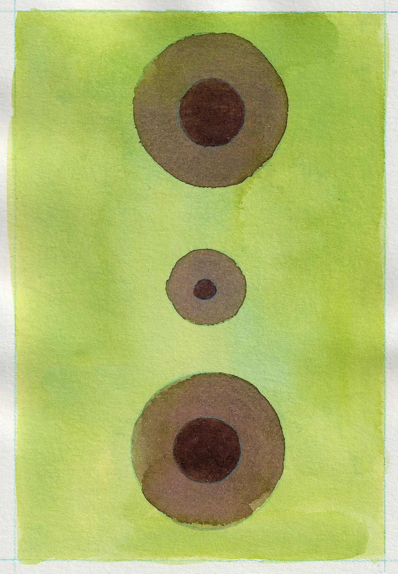 A small painting. Ink on paper. The background is a wash of light grassy green. The composition is three circles, two larger placed close to the top and bottom of the frame. A smaller third circle in the centre of the composition. They're filled with tobacco-brown ink, each with a smaller darker circle inside. It's maybe a group of planets, or crop circles, or boobs in the Total Recall style.
