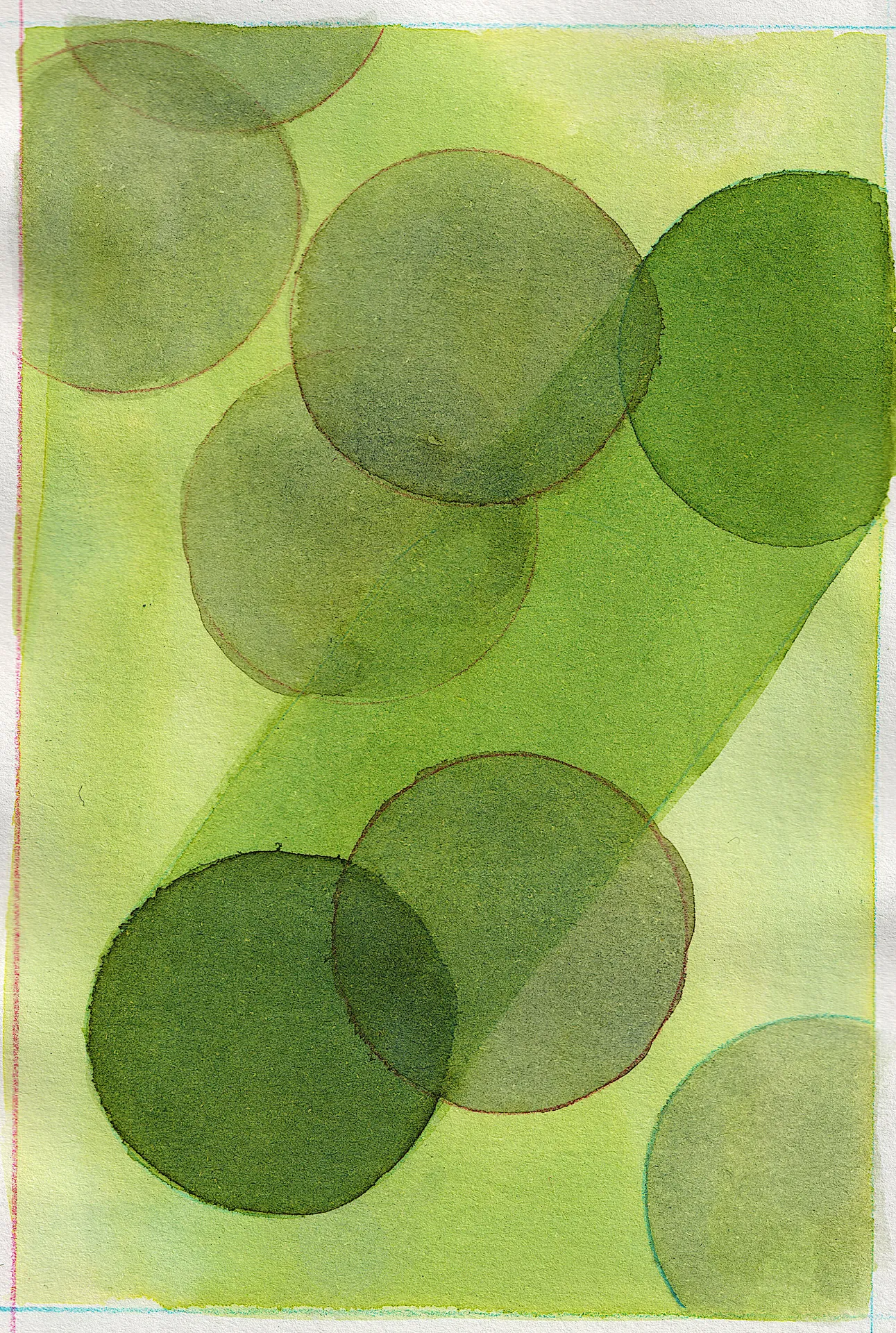 A small painting. Ink on paper. The background is a wash of light grassy green. The foreground is a haphazard arrangement of evenly sized circles, filled with tints and shades of both the same green as the background and a light blue-gray. Two of the circles are connected by a green tube.