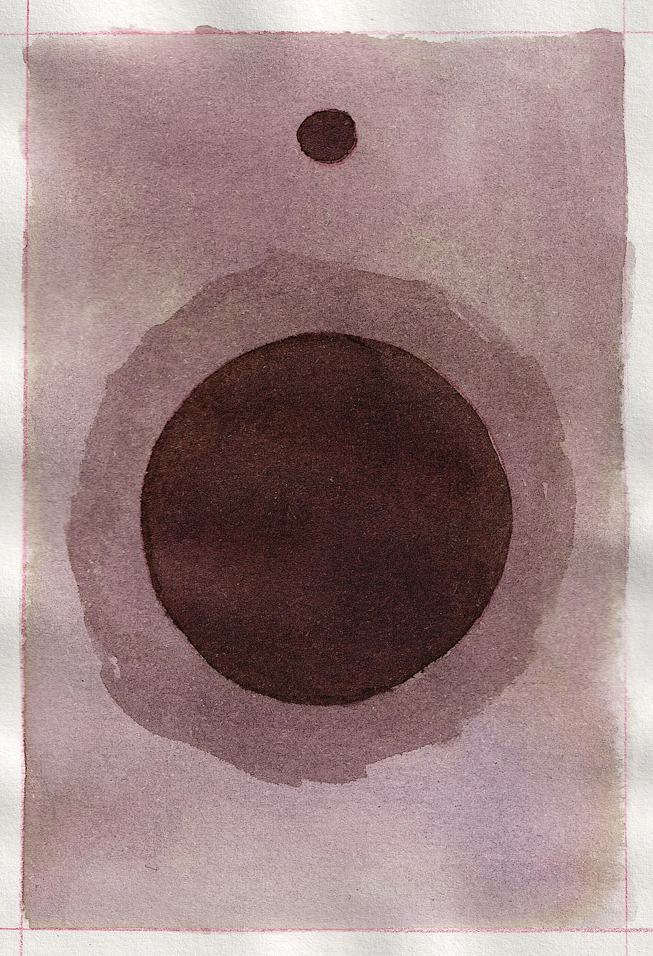 A small abstract painting. Ink on paper. The background is a wash of light tobacco-brown colored ink. The composition consists of two circles, one large and centered in the frame, the other much smaller in comparison and above the first. They are both filled in a solid, deep brown. Surrounding the large circle is a messy-edged corona of another shade of the same brown.