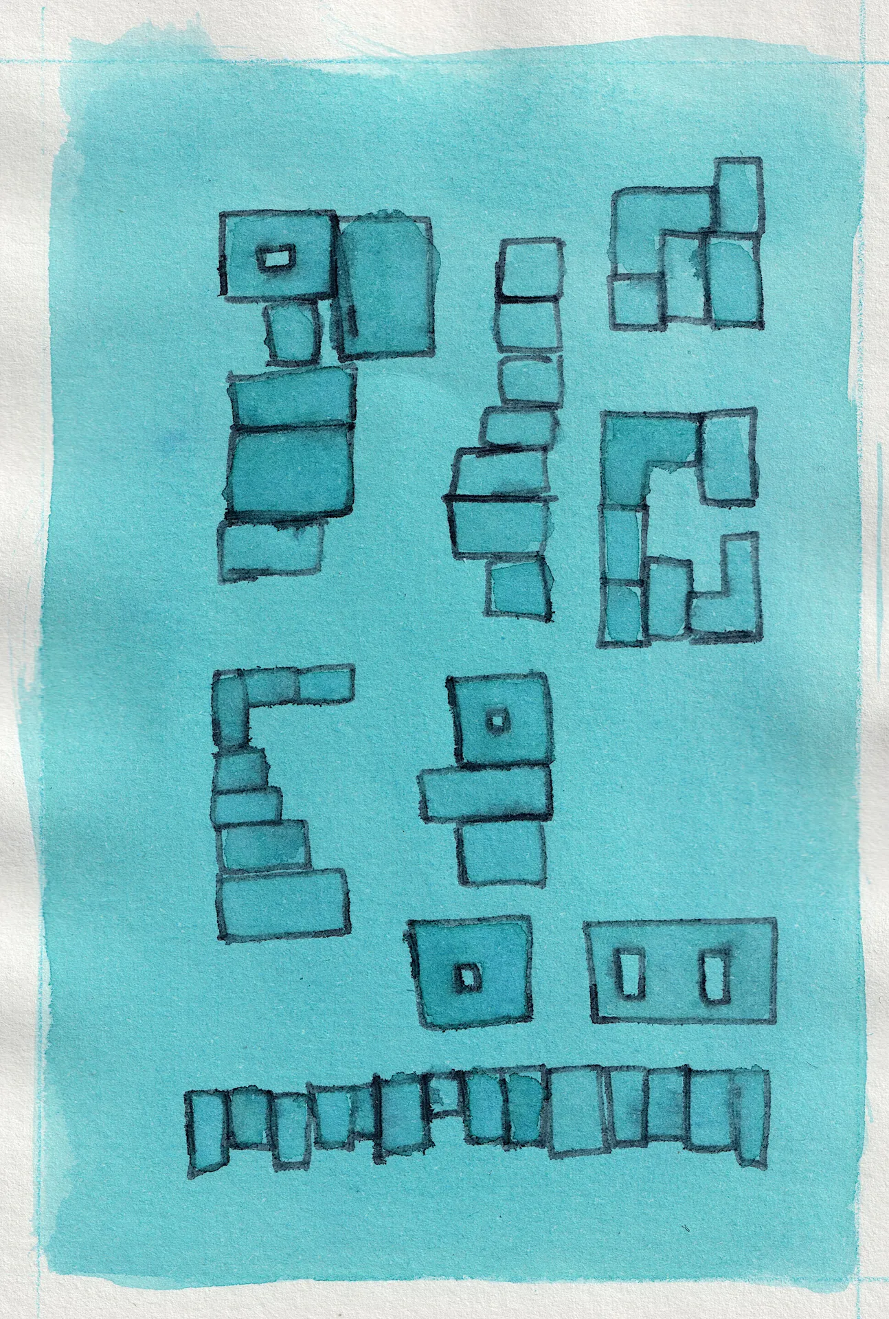 A small painting. Ink on paper. A composition in monochrome, a bright cyan blue. The surface is decorated with rectilinear forms that may or may not be buildings seen in plan view from above. They are clustered in a way the negative space groups them into something like city blocks.