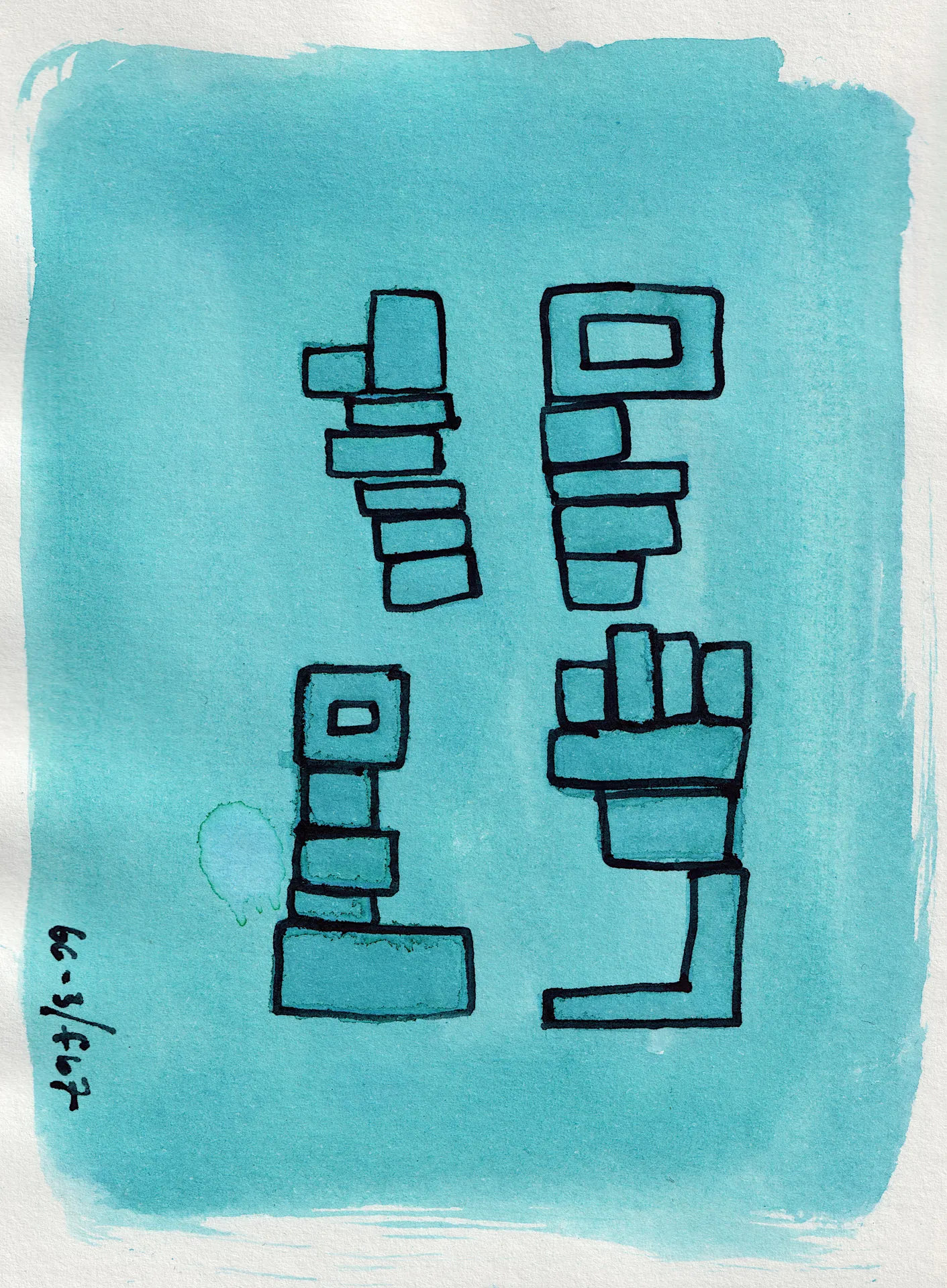 A small painting. Ink on paper. A composition in monochrome, a bright cyan blue. The surface is decorated with rectilinear forms that may or may not be buildings seen in plan view from above. They are clustered in a way the negative space groups them into something like city blocks.