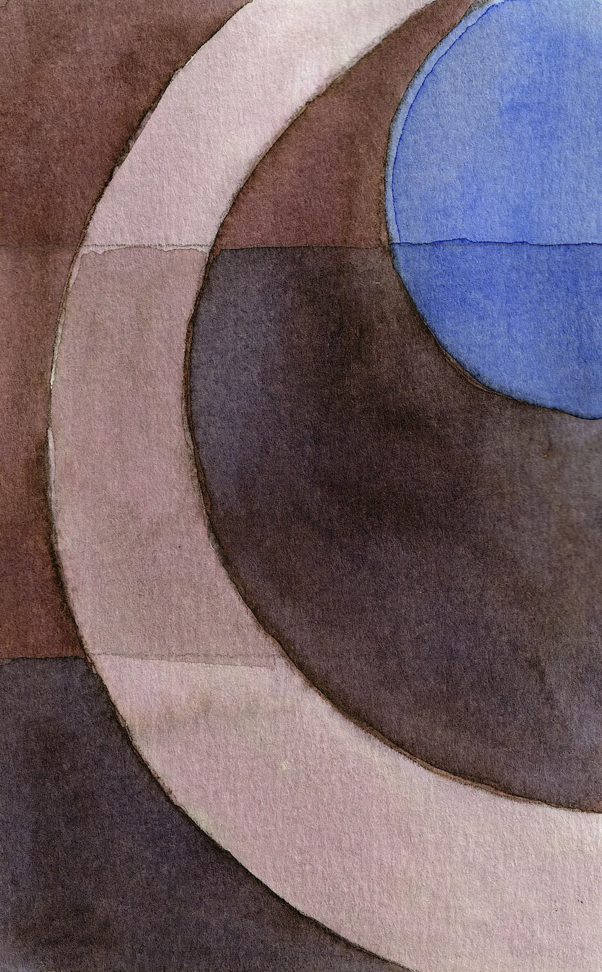 A small abstract painting. Ink on paper. Nearly concentric circular forms divide the surface into broad arcs. They are filled with translucent washes in browns and blues.