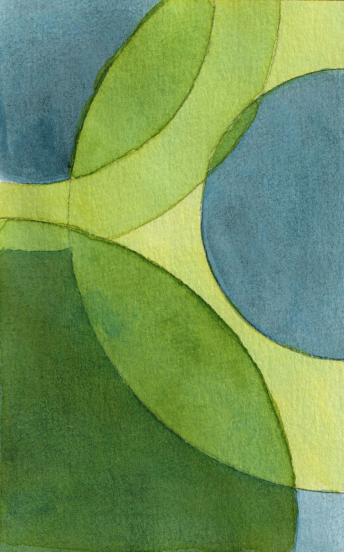 A small abstract painting. Ink on paper. Circular forms divide the surface into broad arcs. They are filled with translucent washes in blues and greens.
