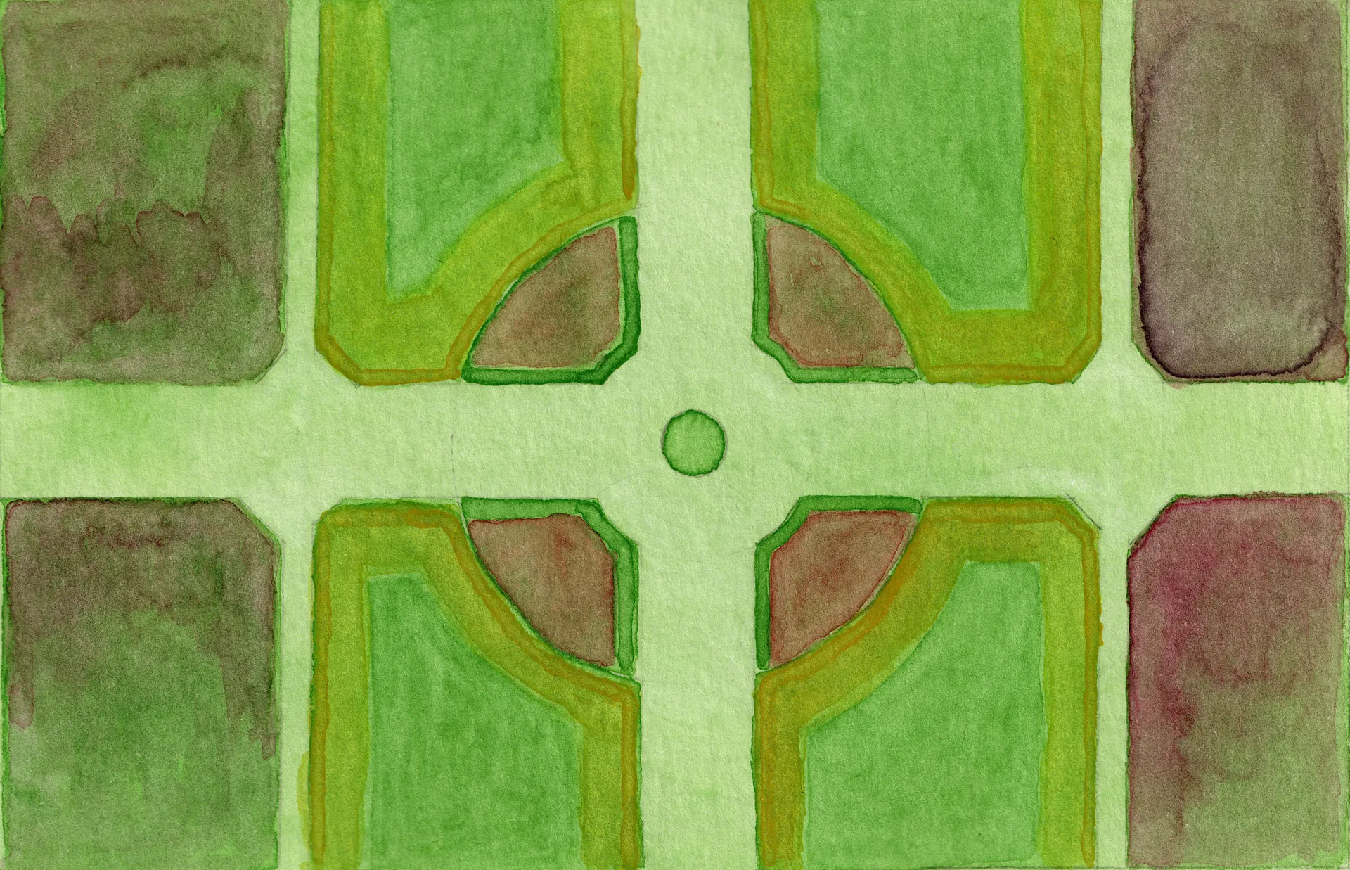 A small abstract painting. Watercolour on paper. An overhead view of a manicured garden.