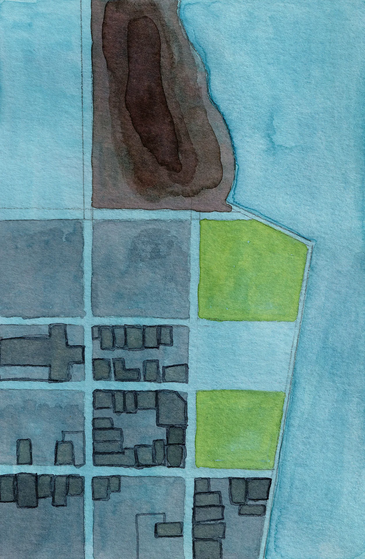 A medium-sized abstract painting. Ink and watercolour on paper.