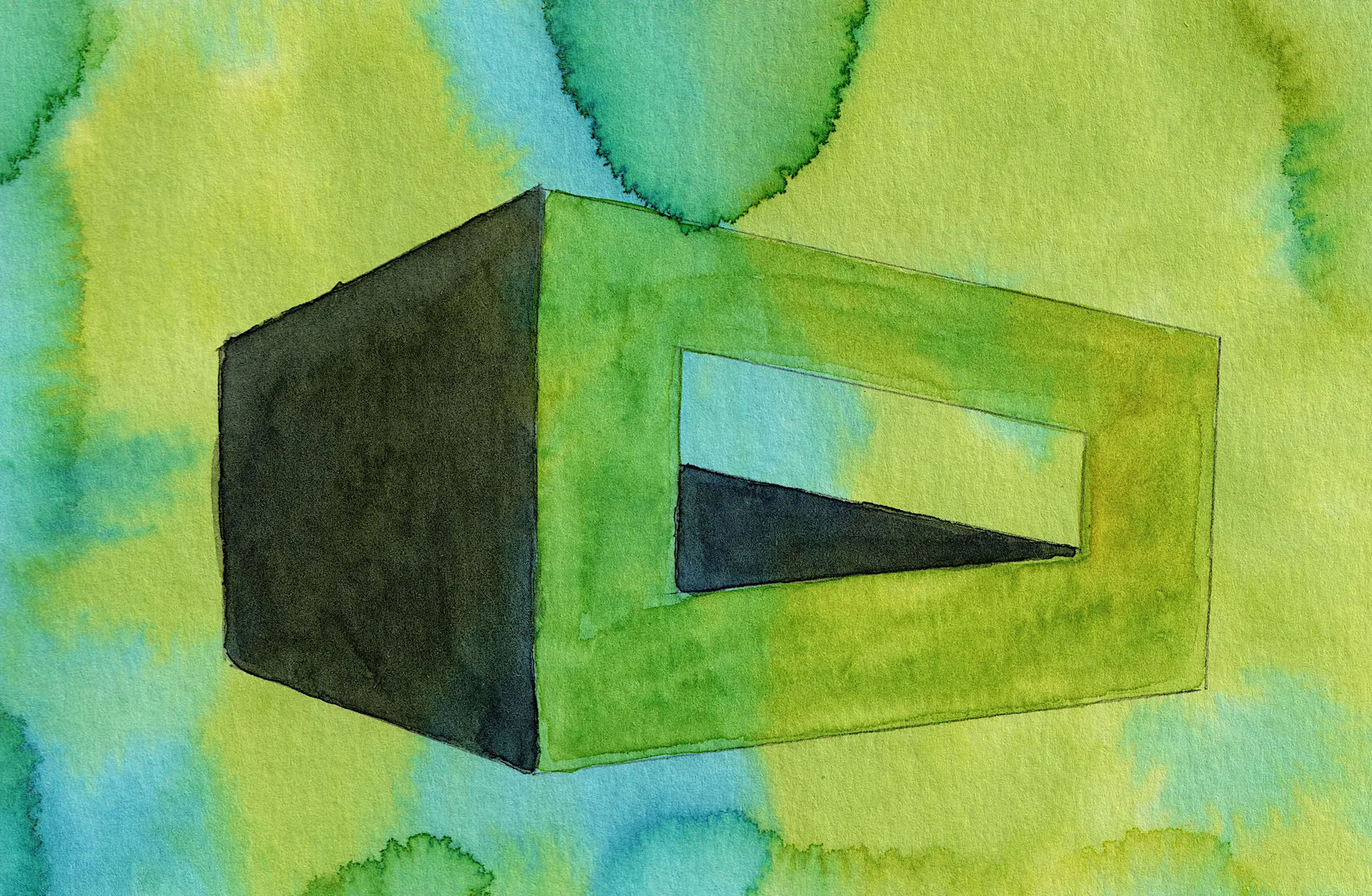 A small abstract painting. Ink and watercolour on paper. It's a sort of a sort of isometric projection cube, but with a hole, also in the shape of a cube, in the middle. Colours are tints of green and yellow-green.