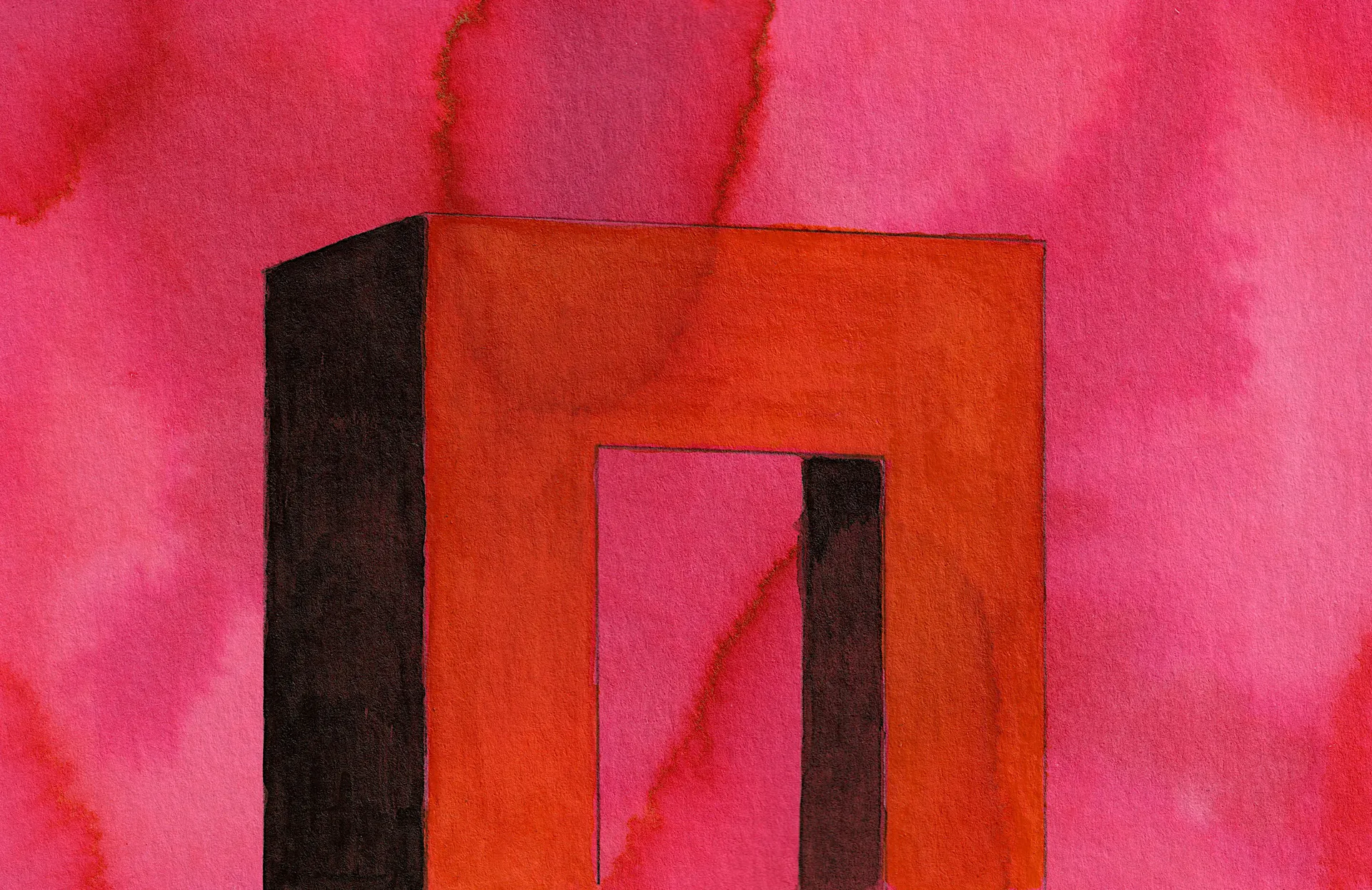 A small abstract painting. Watercolour on paper. It's a sort of isometric projection archway, but rectilinear. THe paper is vivid red. The archway has very contrasting shadows on some planes, as if the light is harsh.