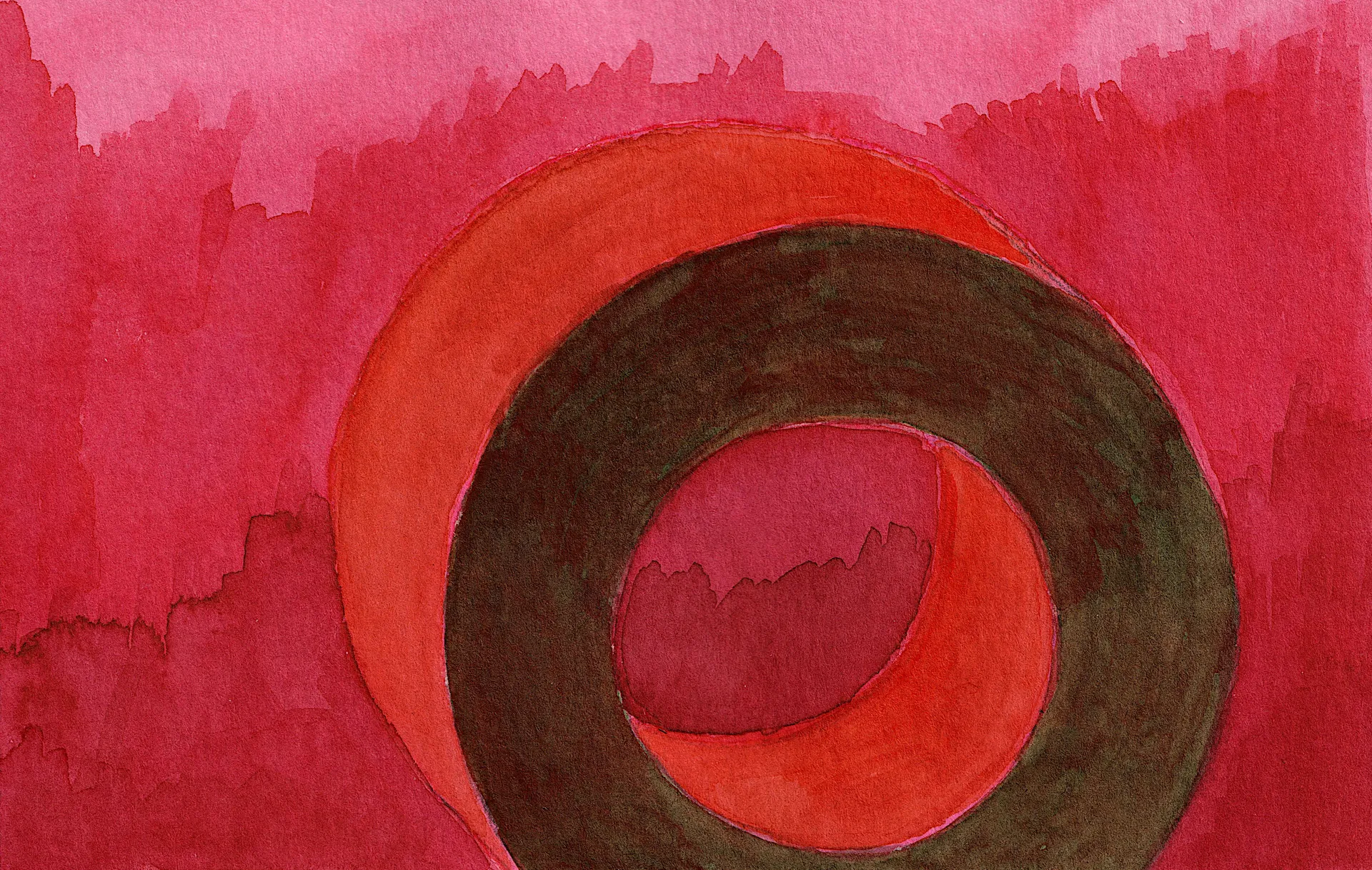A small abstract painting. A hollow red cylinder advances menacingly on the viewer.