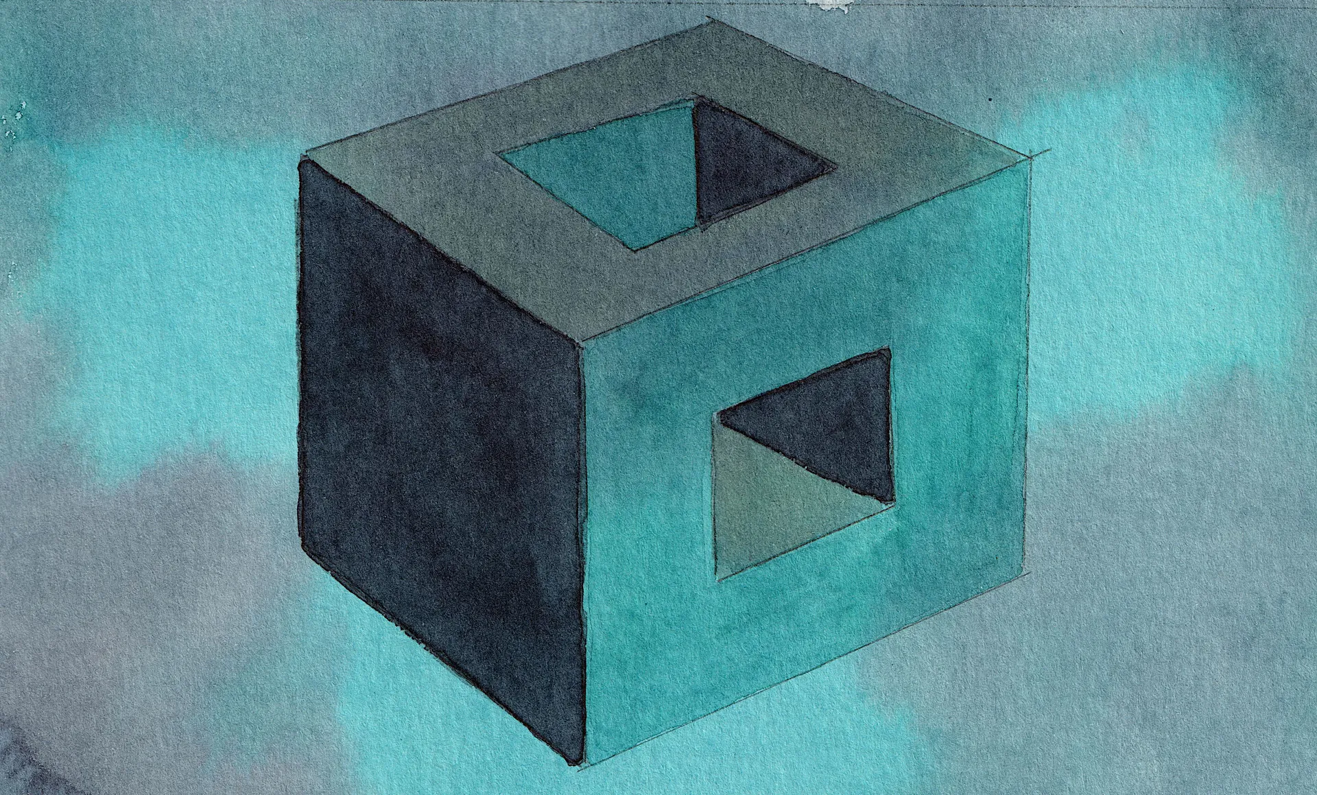 A small abstract painting: A hypercube in isometric perspective. Ish. Turquoise and green.