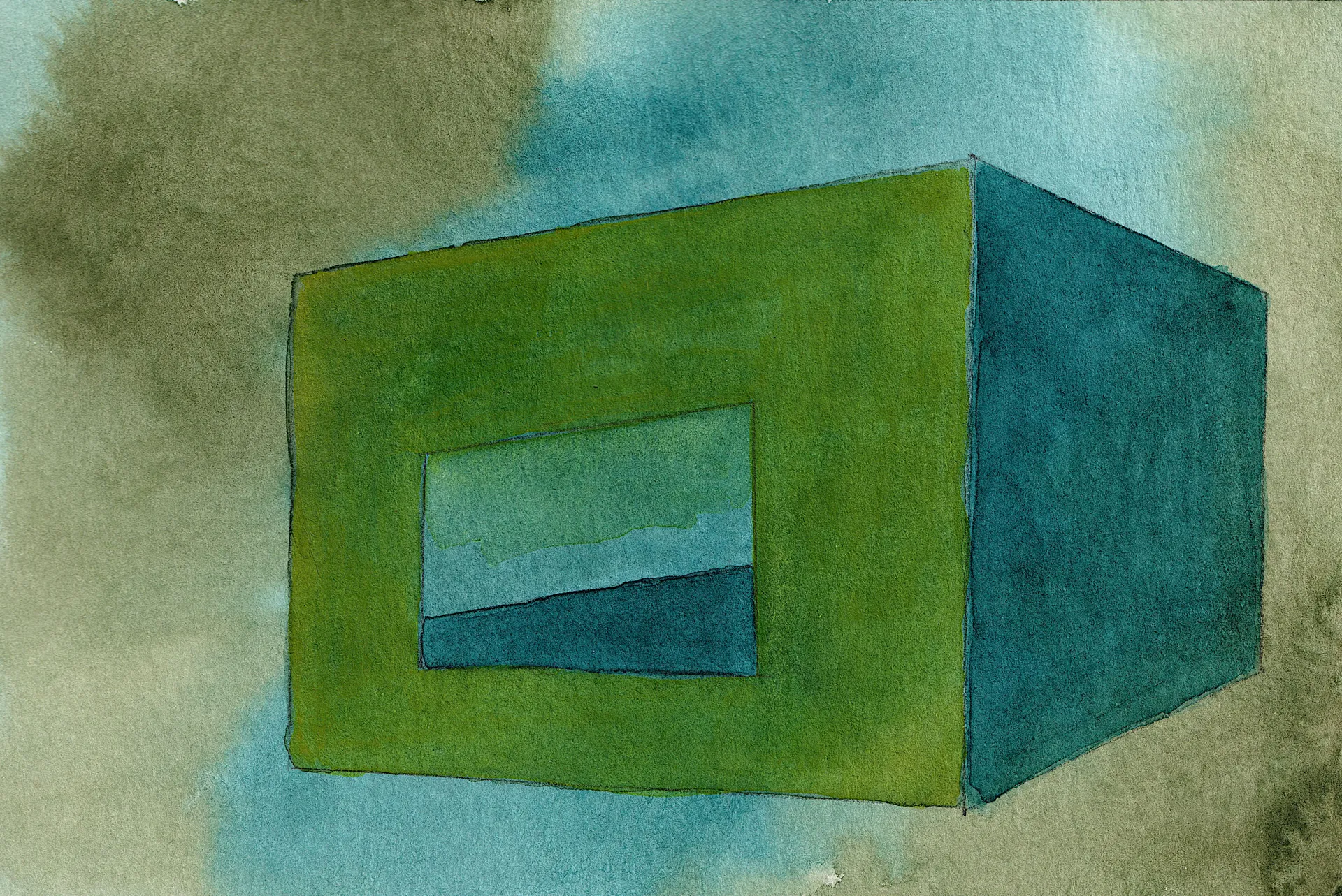 A small abstract painting. Ink and watercolour on paper. It's a sort of a sort of isometric projection cube, but with a hole, also in the shape of a cube, in the middle. Colours are tints of green and yellow-green.