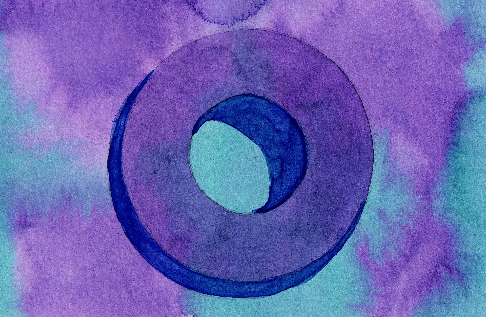 A small abstract painting. Ink and watercolour on paper. It's a pink and purple sort of a sort of isometric projection donut, like an extruded torus.