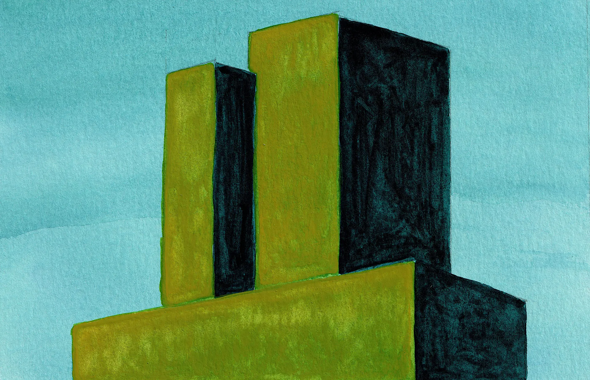 A small, semi-abstract painting. Watercolour on paper. Three building-like rectilinear extrusions are seen in a vaguely isometric perspective. Some faces are a bright yellow green, others a deep turquoise.