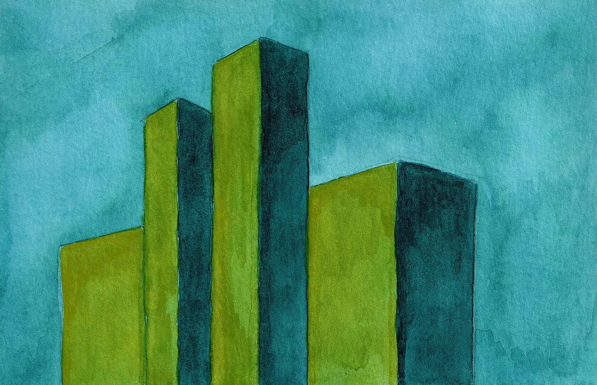 A small, semi-abstract painting. Watercolour on paper. Four building-like rectilinear extrusions are seen in a vaguely isometric perspective. Some faces are a bright yellow green, others a deep turquoise.