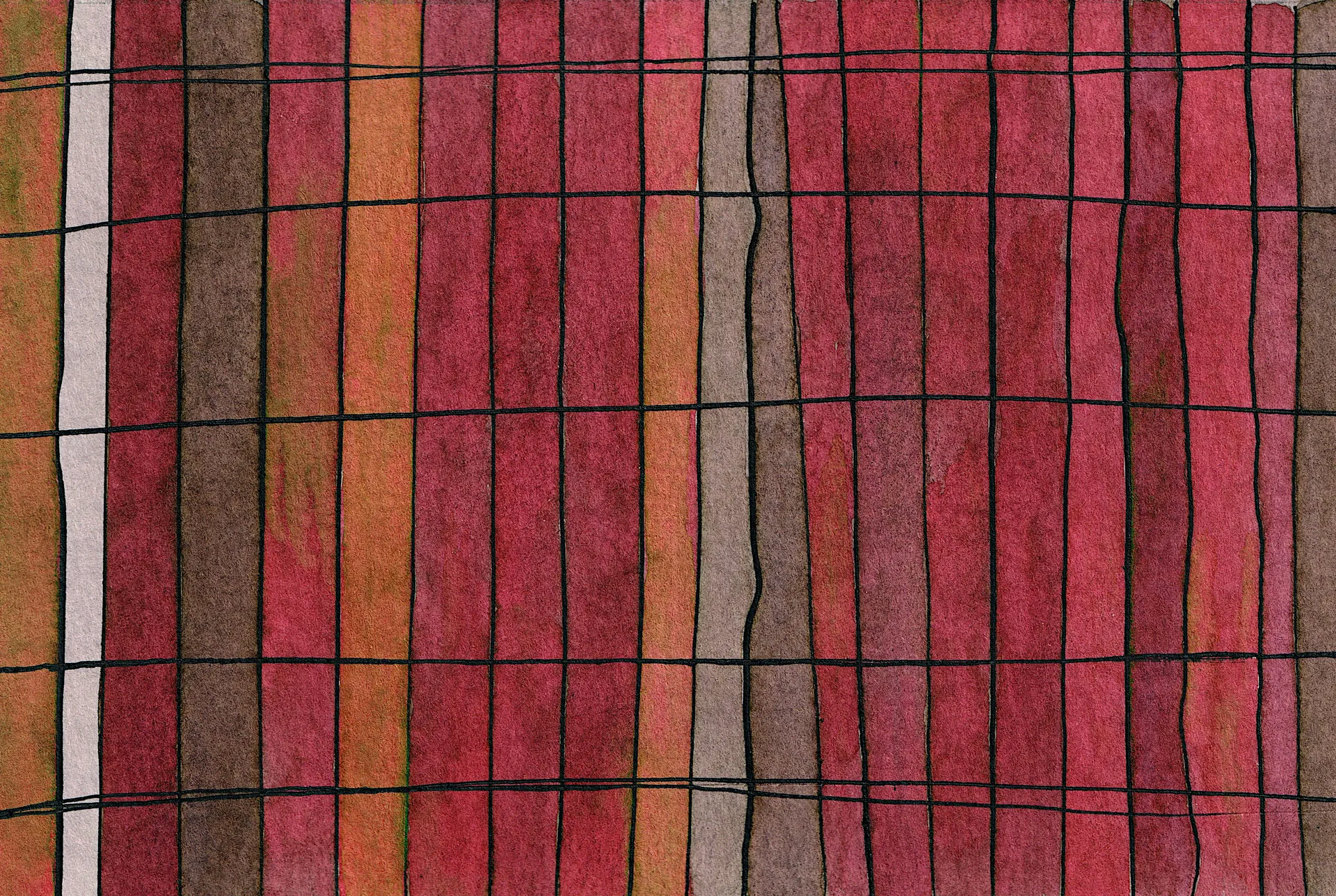 A small watercolour and india ink painting. It's a grid, a map, sortof. Sepia and red and orange, divided into uneven rectangles.