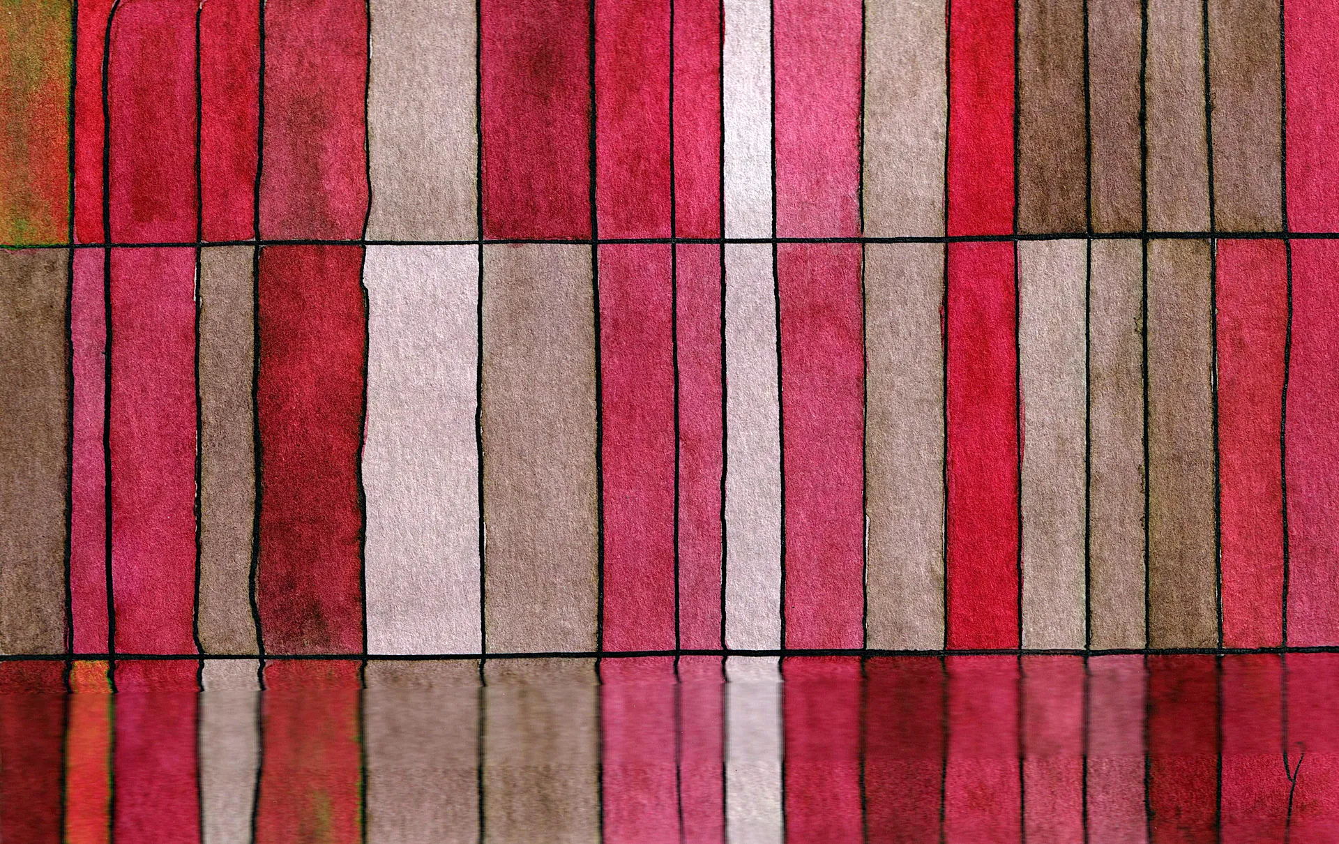 A small watercolour and india ink painting. It's a grid, a map, sortof. Sepia and red and orange, divided into uneven rectangles.