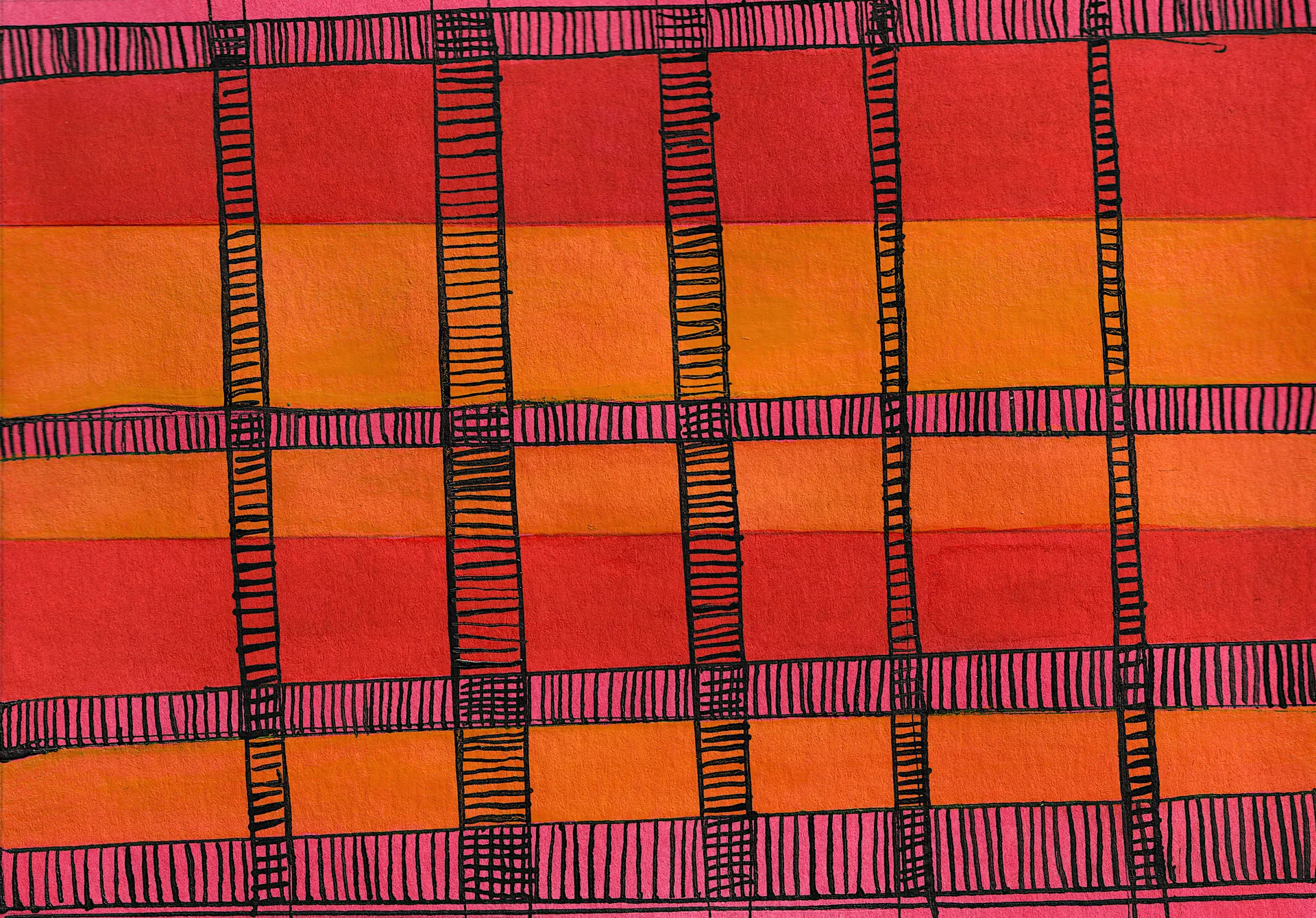 A small painting of watercolour and india ink on paper. A grid of stark black lines is defined with a dip pen. Inside the gridlines, flat orange and red alternate.