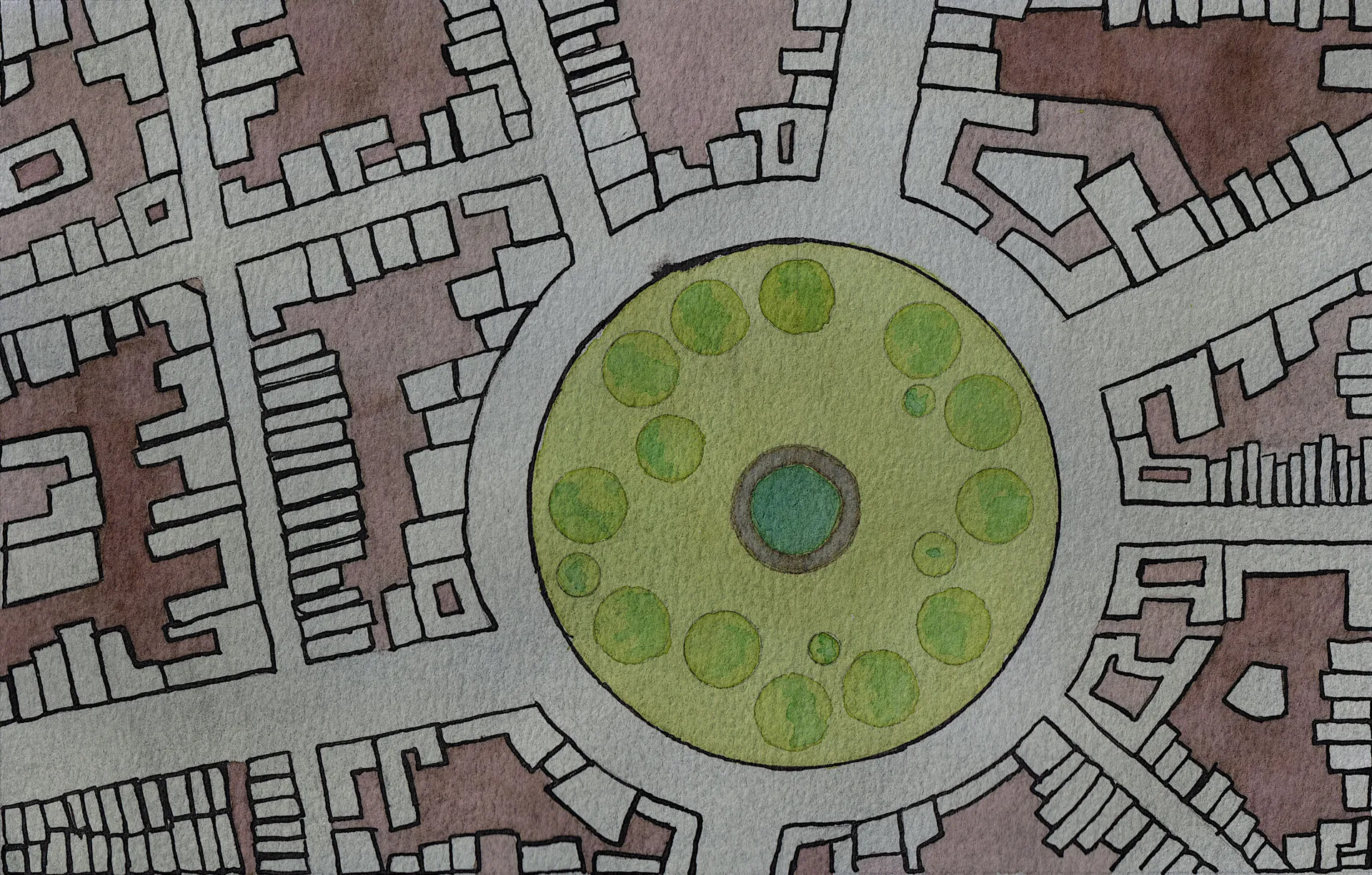 A small abstract painting. Ink and watercolour on paper.