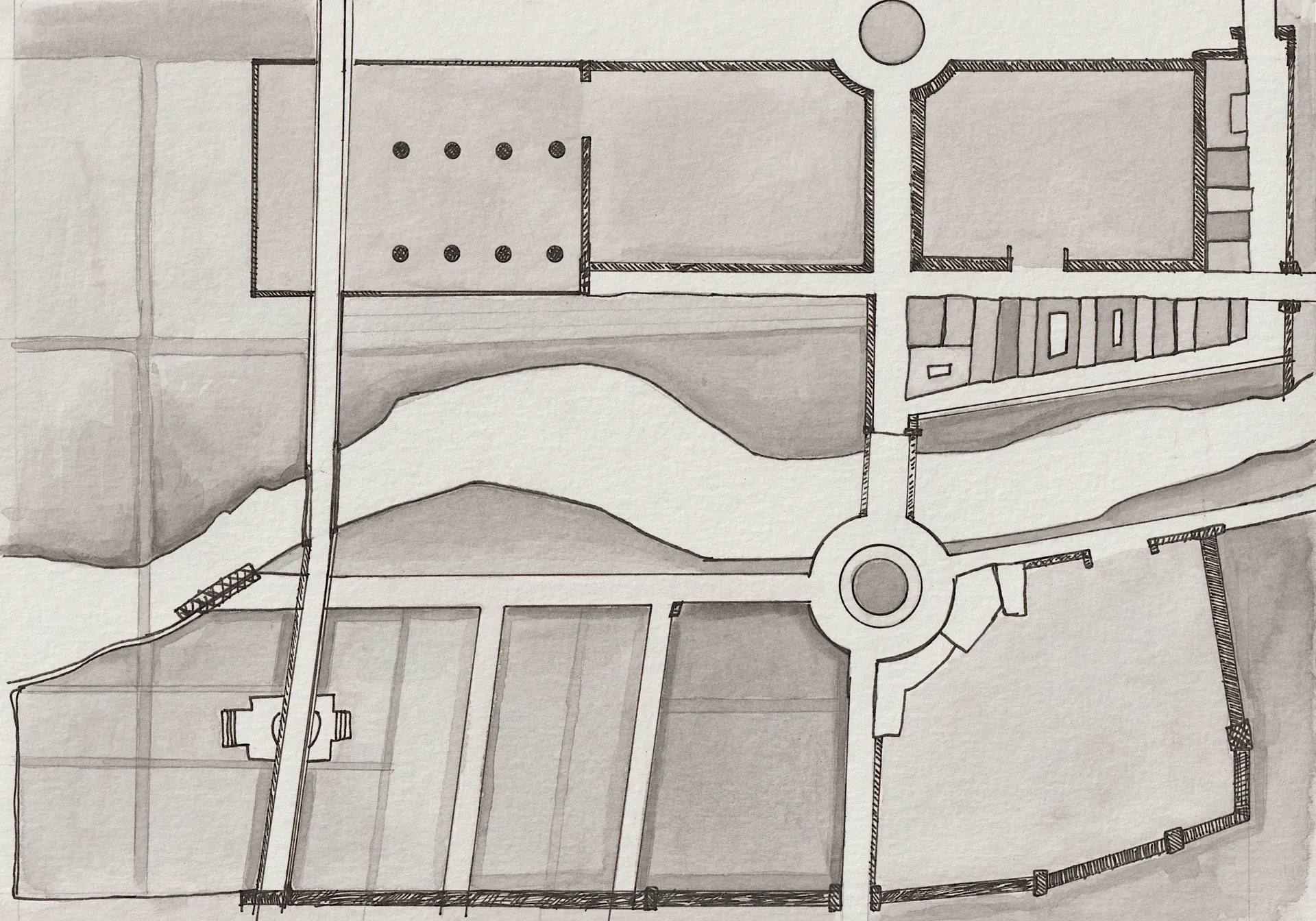 A small abstract painting. Ink and watercolour on paper. 