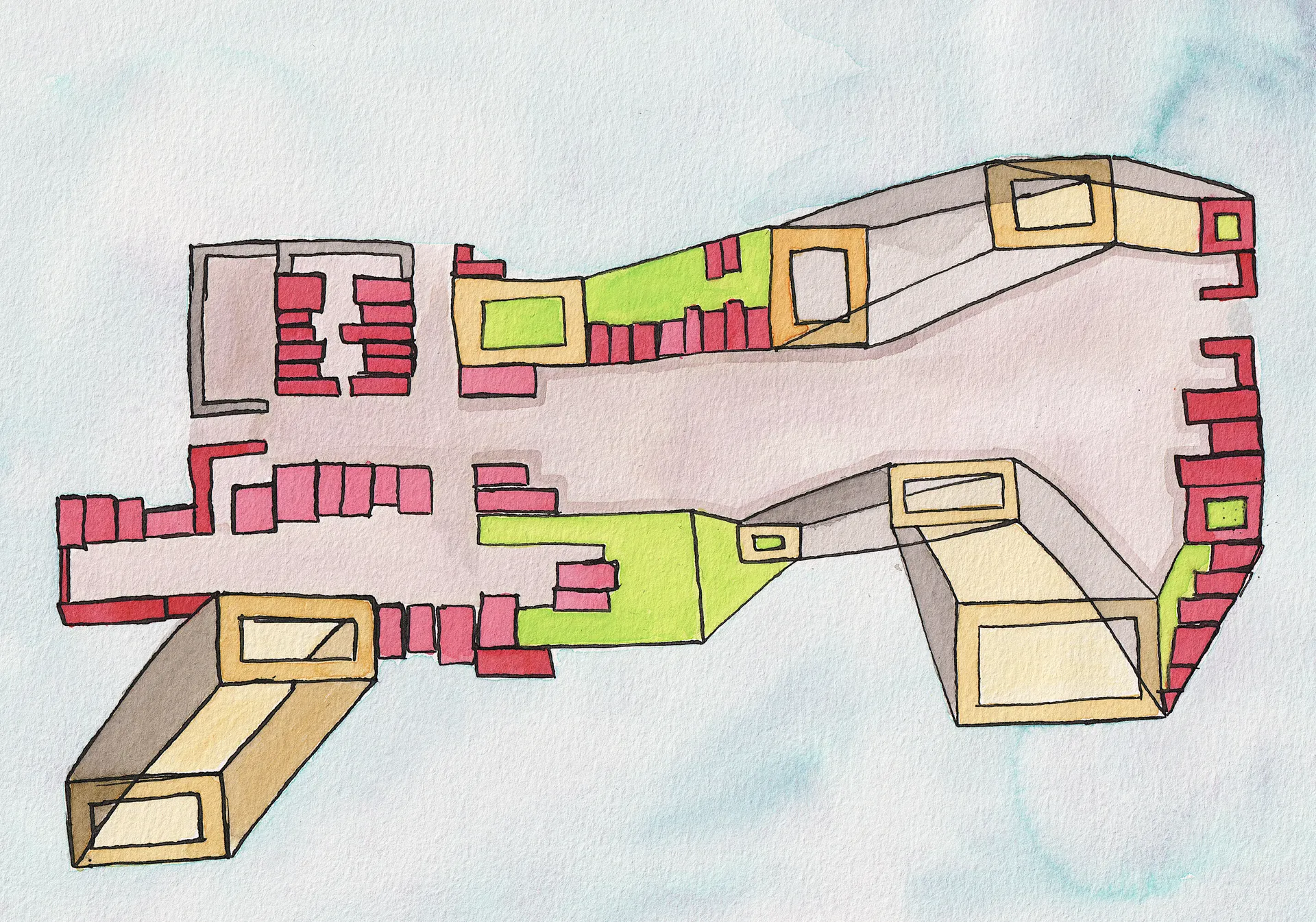 A small abstract painting. Ink and watercolour on paper. 