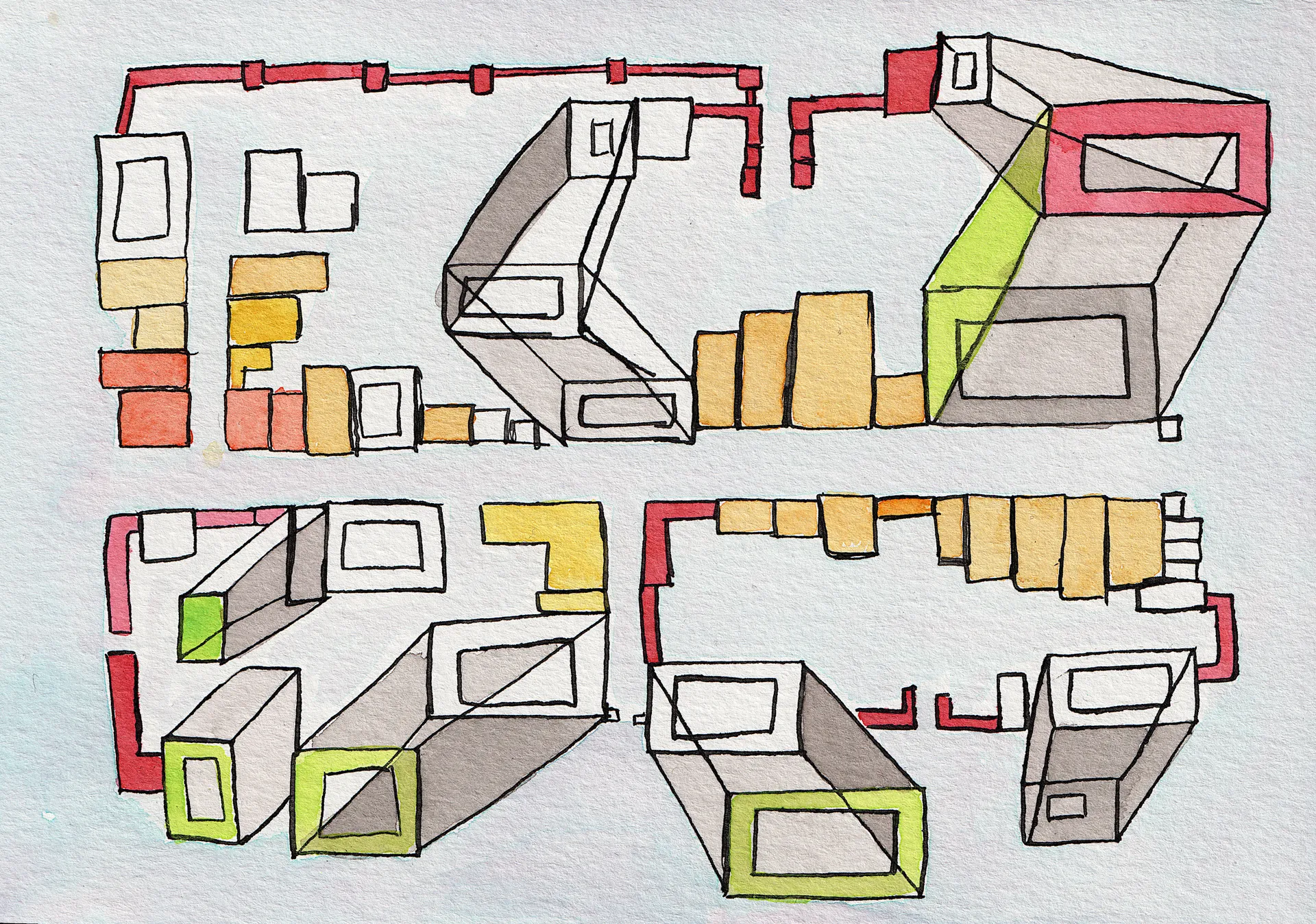 A small abstract painting. Ink and watercolour on paper. 