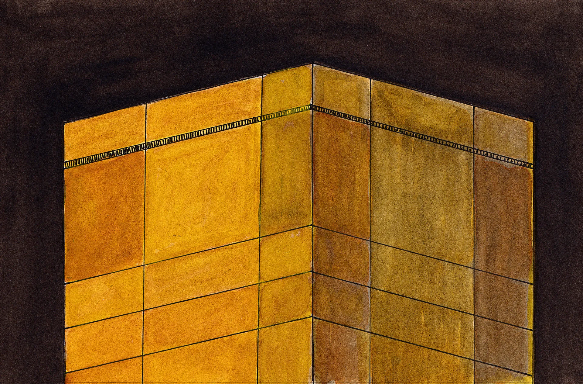 A small abstract painting of a sort of golden cube. It's shining out from a deep sepia background.