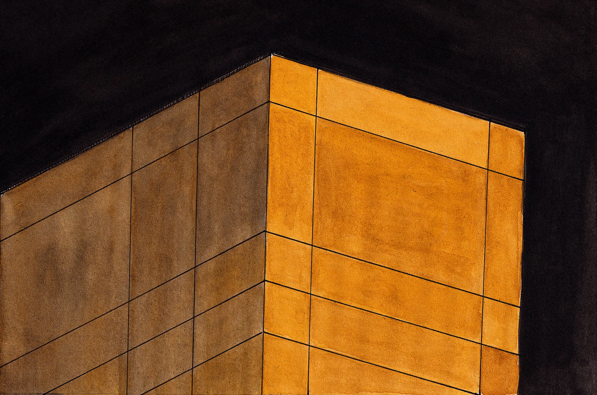 A small abstract painting of a sort of golden cube. It's shining out from a deep sepia background.