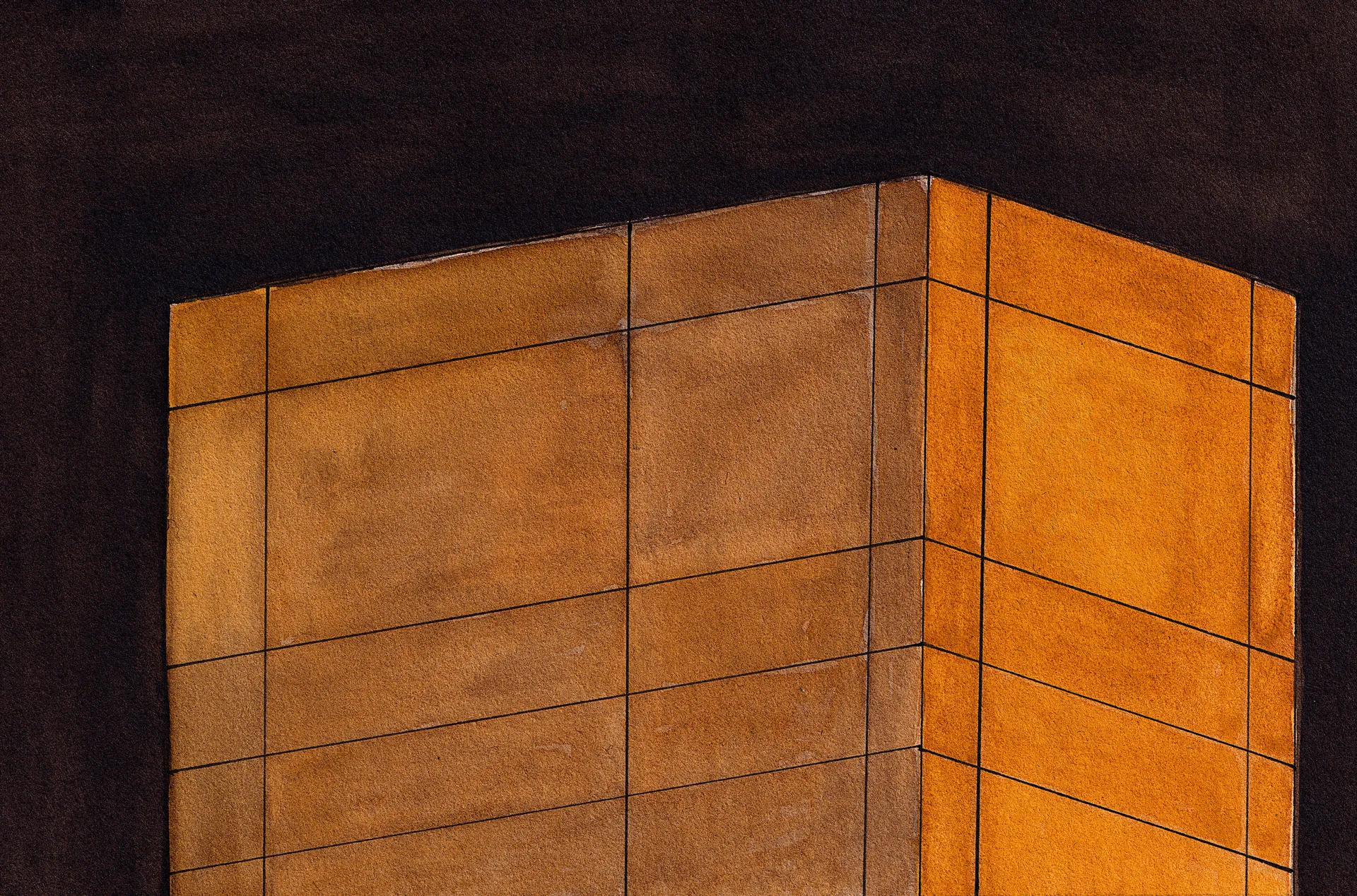 A small abstract painting of a sort of golden cube. It's shining out from a deep sepia background.